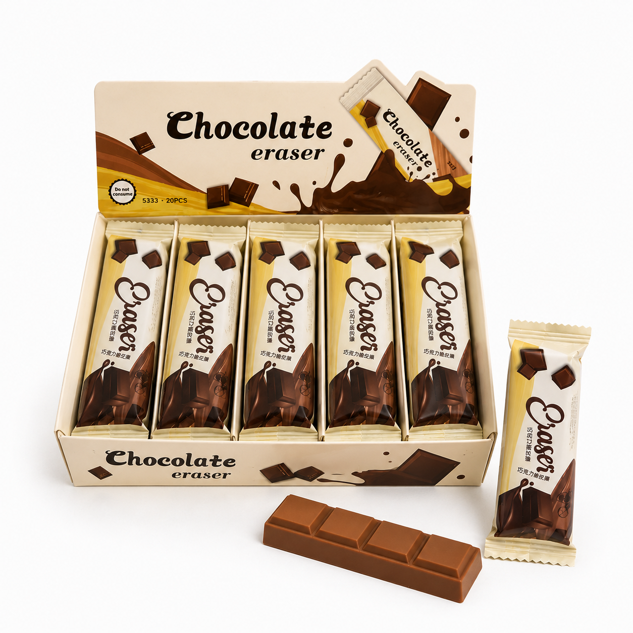 CAJA CON 20 pz GOMAS EN FORMA DE CHOCOLATE (Tienen olor)