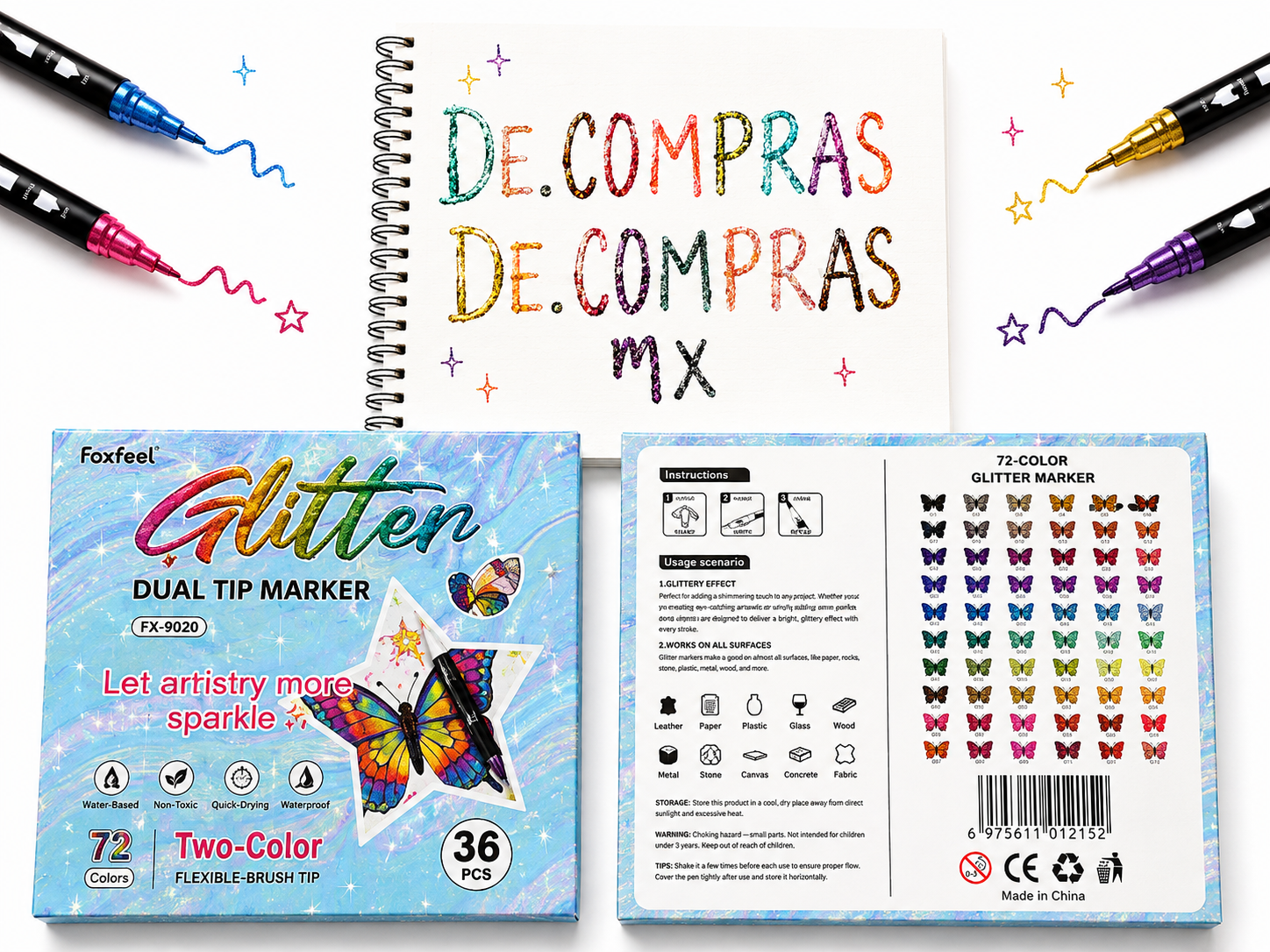 Plumones Glitter Doble Punta 36 piezas