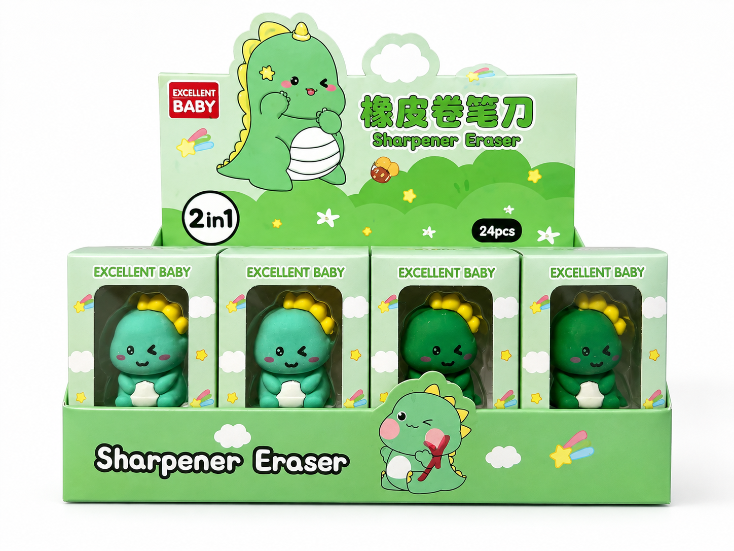 CAJA GOMA CON SACAPUNTAS DINOSAURIO 24 PZ